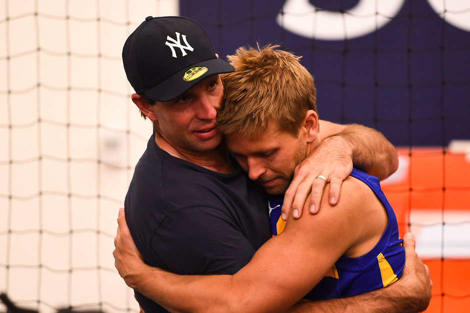 2015 Toyota AFL Grand Final - Hawthorn v West Coast Mark LeCras gets a consoling hug after the 2015 Grand Final - ${keywords}